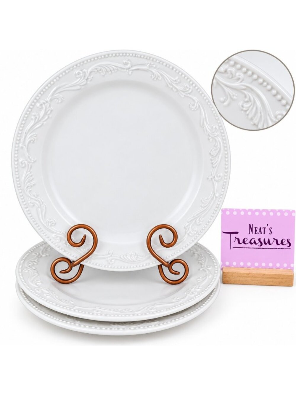Mesa International MSA8 White Emboss Dot Scroll 12" Ceramic Dinner Plates Set 3
